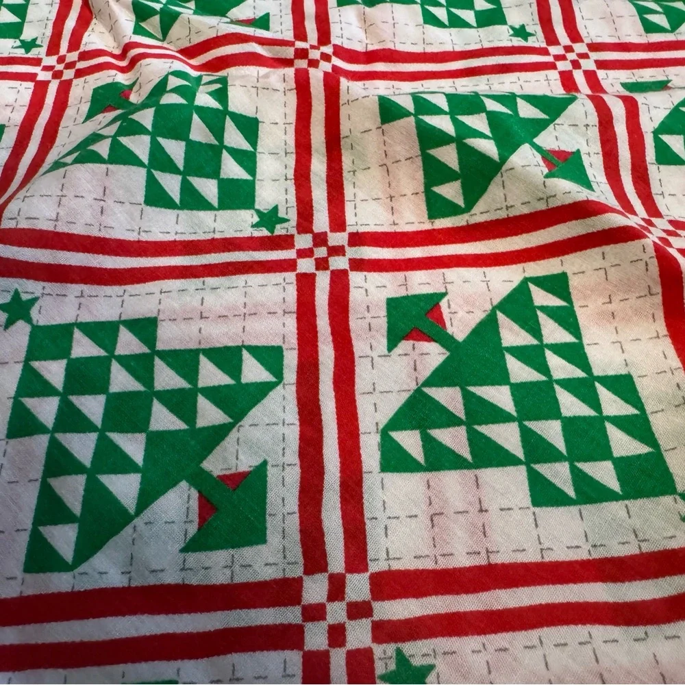 Vintage Hand Sewn Retro Patterned Christmas Tree Tablecloth Holiday Red Green